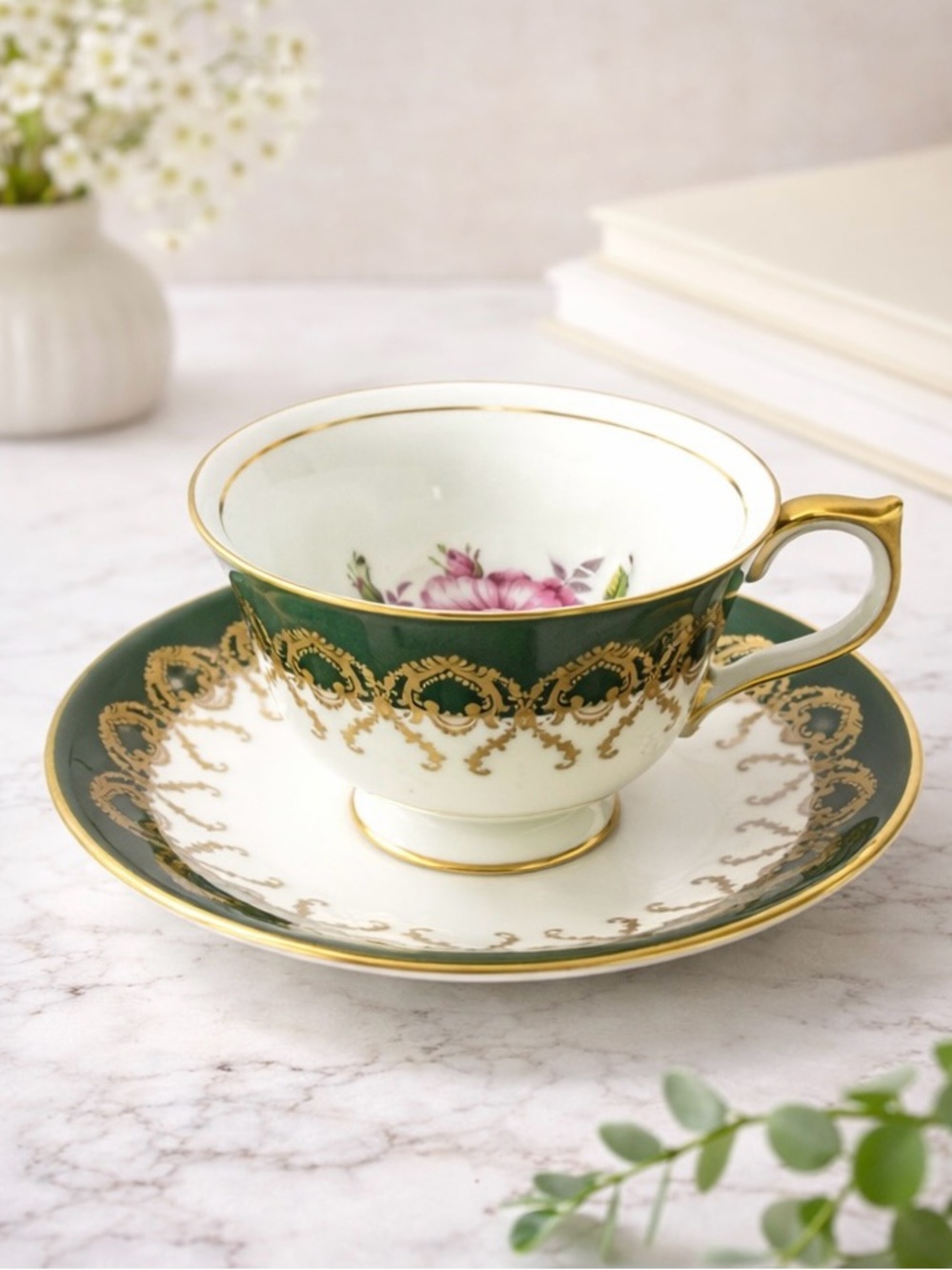Aynsley England Teacup Saucer Green Gold Gilt Rose Bone China Set Pattern 2146